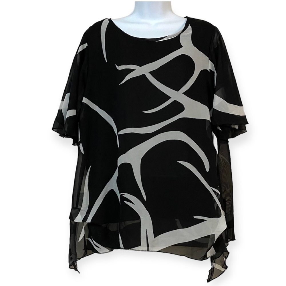 Black White Chiffon Blouse Top Large